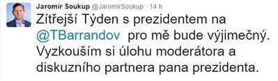 O moderaci informoval Jaromír Soukup na svém oficiálním twitteru.