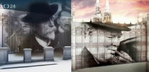 Vlevo Masaryk ve znělce ČT, vpravo Churchill ve znělce BBC.