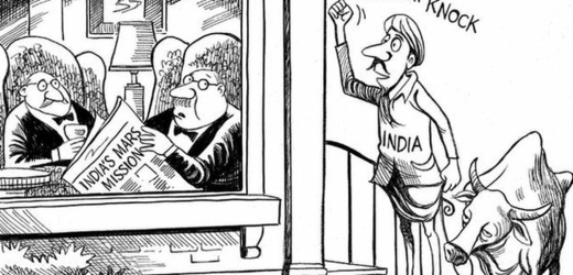 Na kresbě, která vyvolala takové pobouření, je indický farmář s krávou klepající na dveře místnosti s nápisem "Elitní vesmírný klub".